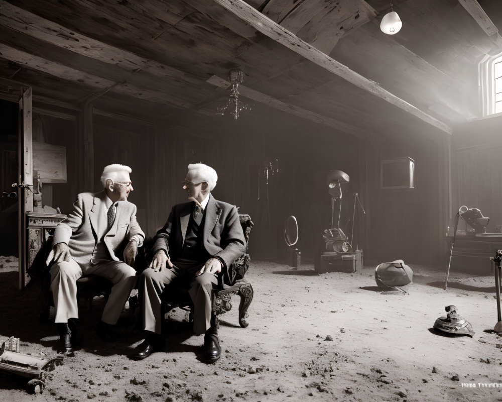 Elderly men in suits surrounded by vintage items in dusty attic