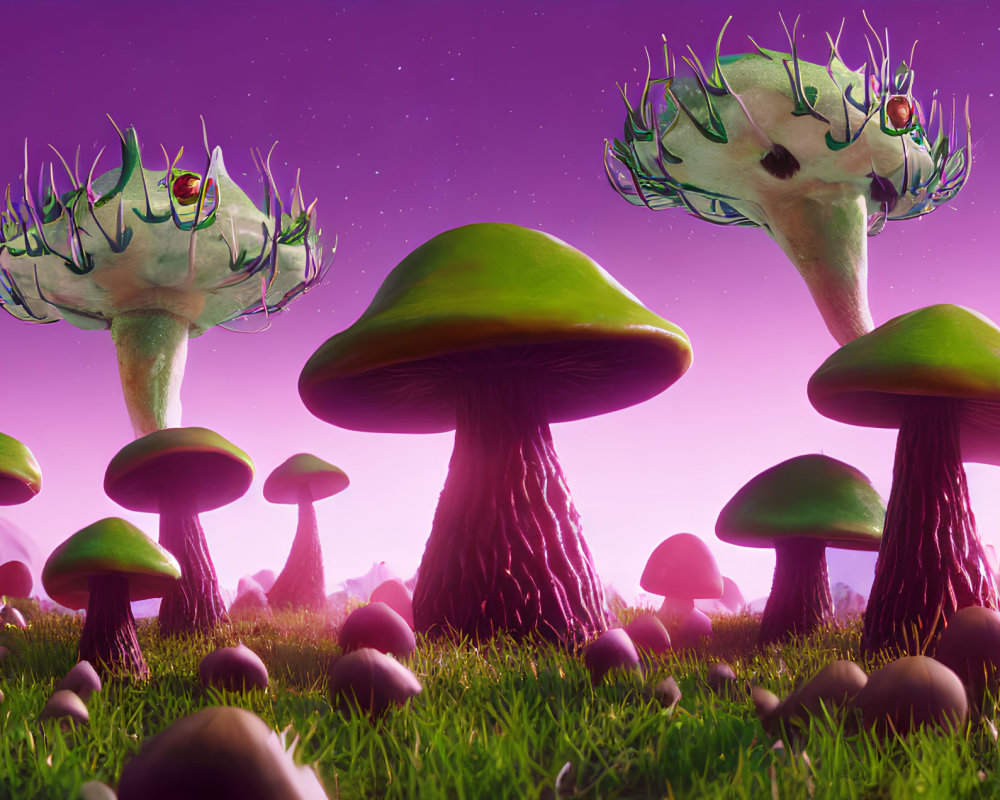 Fantasy mushrooms in colorful, surreal landscape under purple starry sky