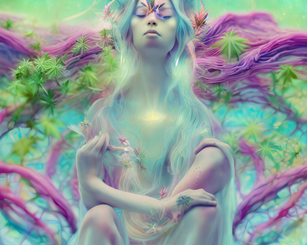 Fantastical figure with glowing light and tree-like antlers in ethereal blue and pink flora