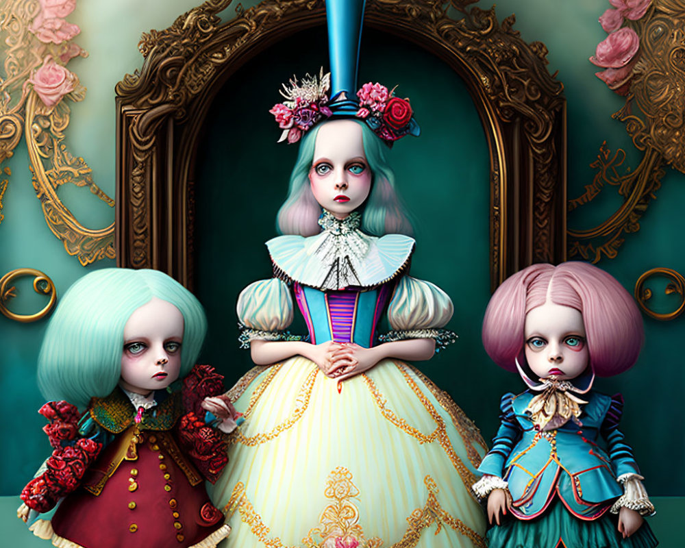 Three whimsical dolls in elaborate dresses and makeup with a central figure wearing a flower-adorned fe