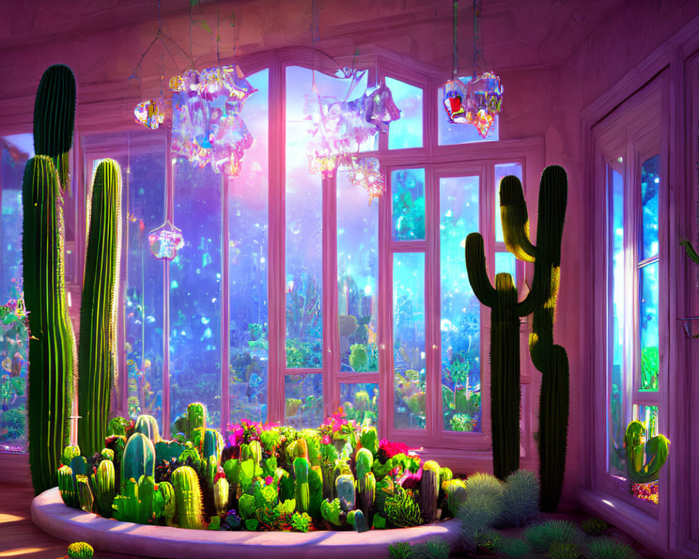 Indoor garden with diverse cacti under pinkish sky through bay windows