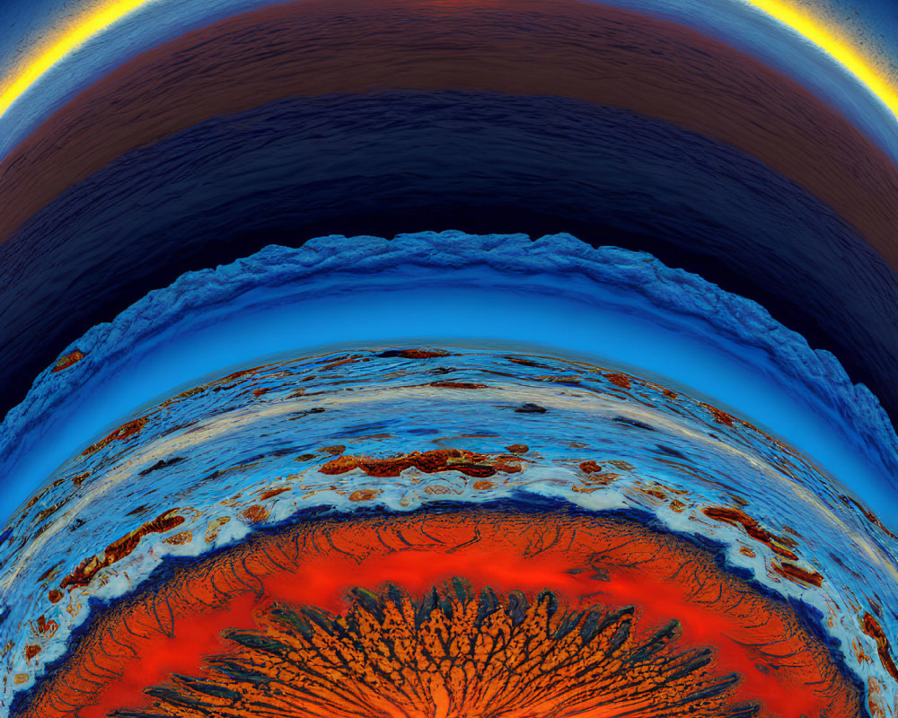 Circular surreal landscape with vibrant blue and orange sunrise horizon