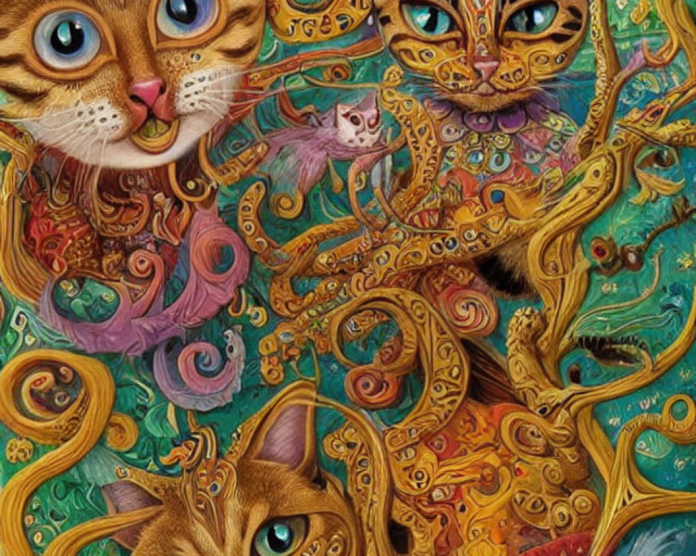 Colorful artwork of whimsical cats with intricate designs and flowing shapes