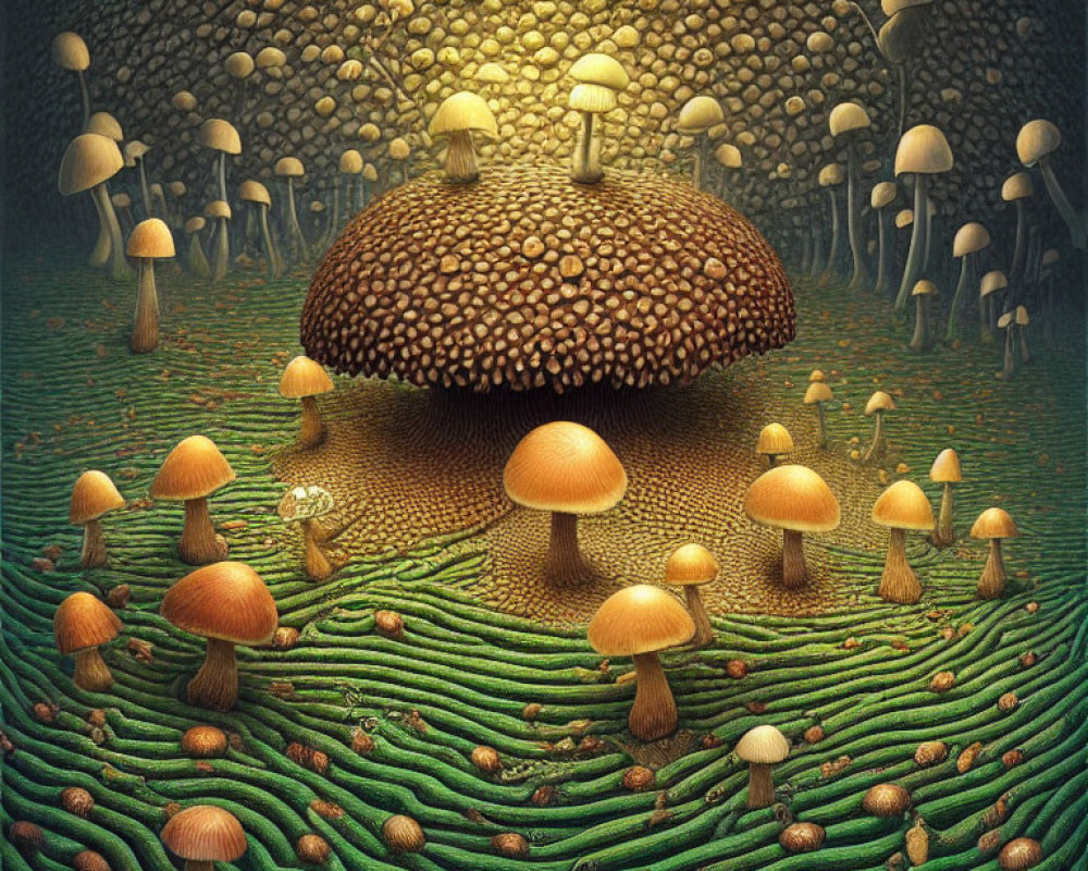 Enchanting forest with various mushrooms on mossy ground