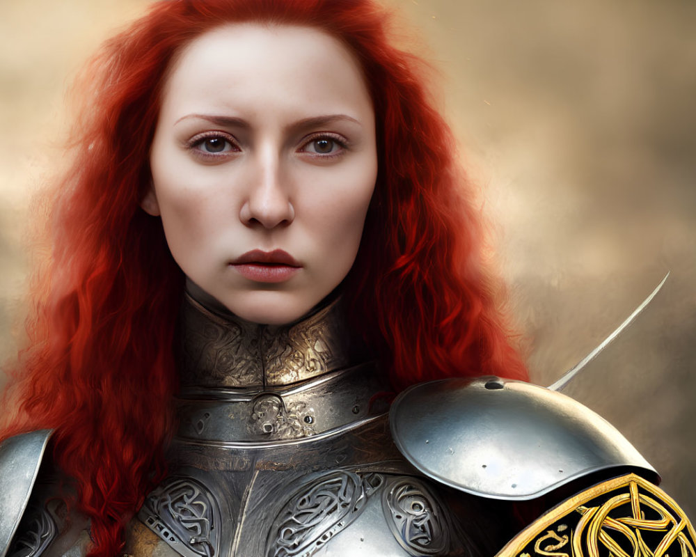 Striking red-haired woman in medieval armor with golden emblem on helmet