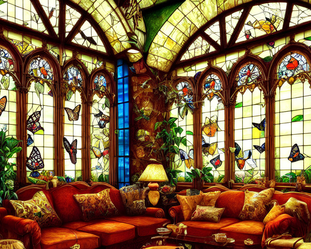 Orange Sofas and Butterfly Stained-Glass Window in Cozy Room