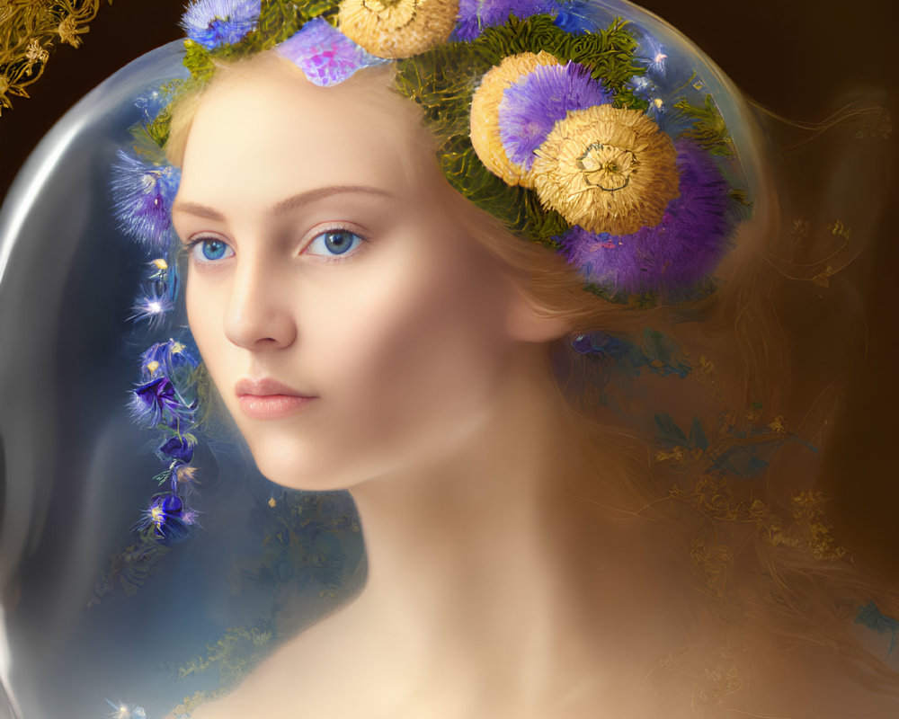 Woman's Portrait with Translucent Floral Halo and Golden Background