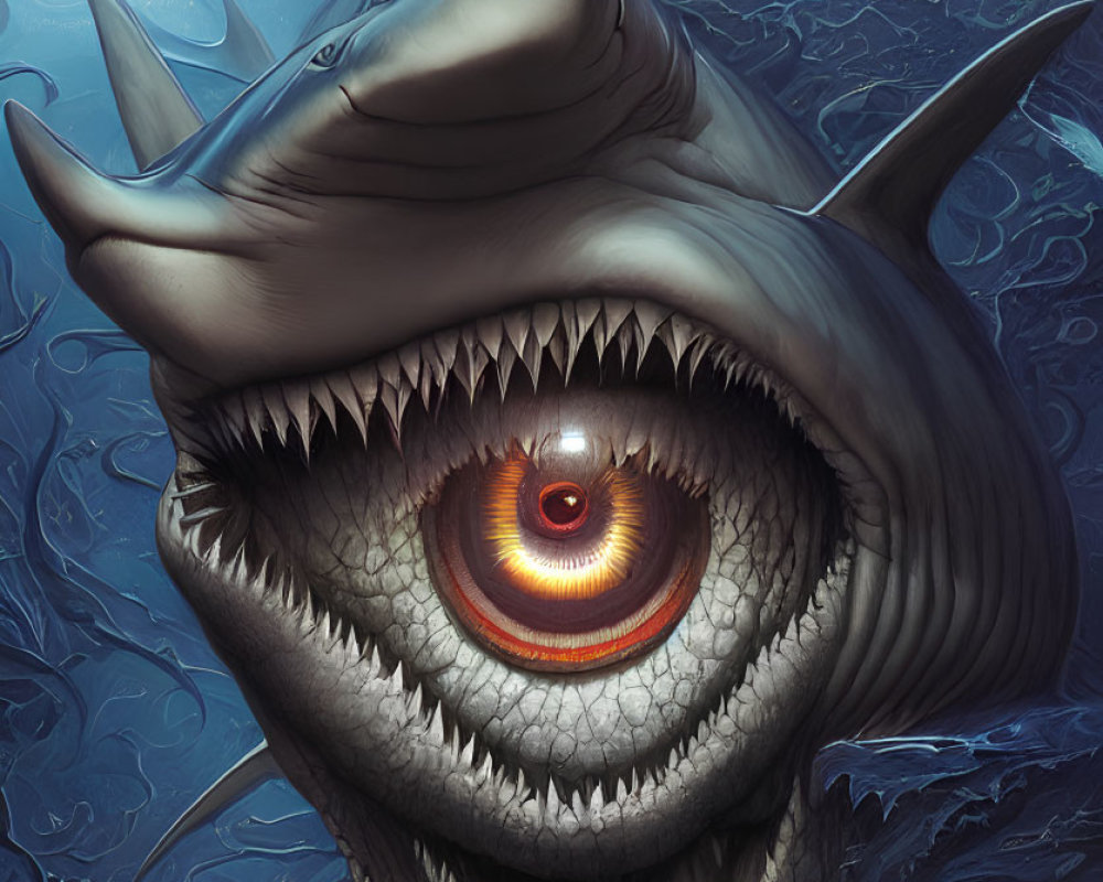 Detailed depiction of menacing shark eye in dark underwater scene