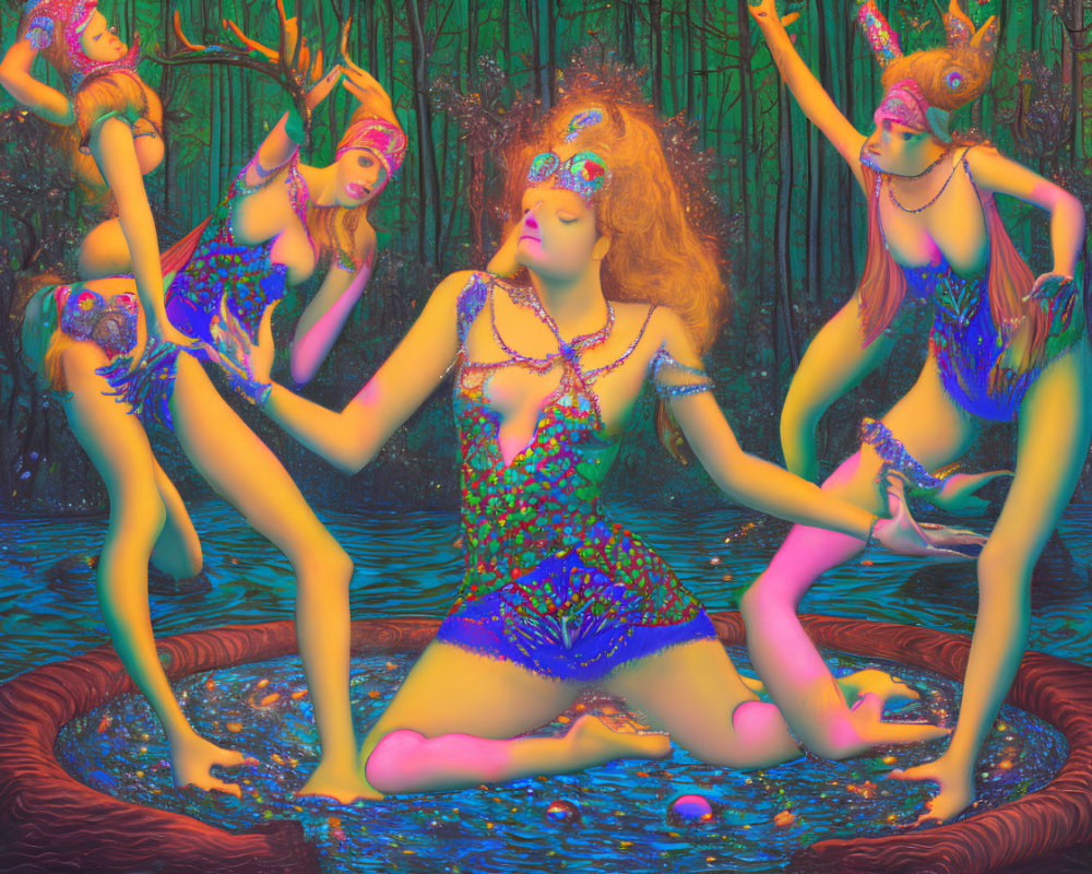 Colorful mythical female figures with horns dancing in surreal forest.