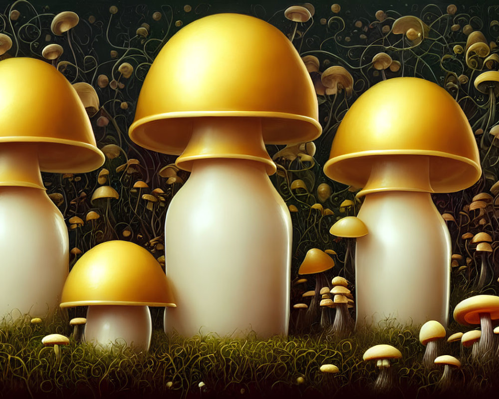 Fantasy illustration of glowing mushroom caps in enchanted forest