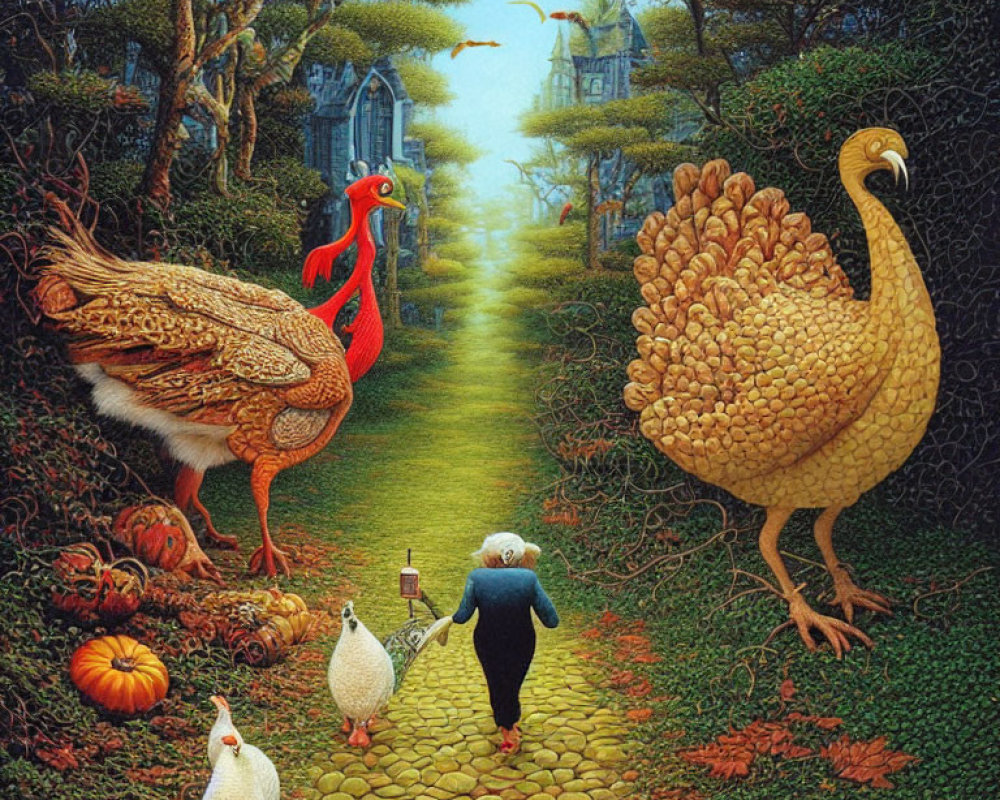 Elderly woman walking on cobblestone path with oversized poultry and village scenery