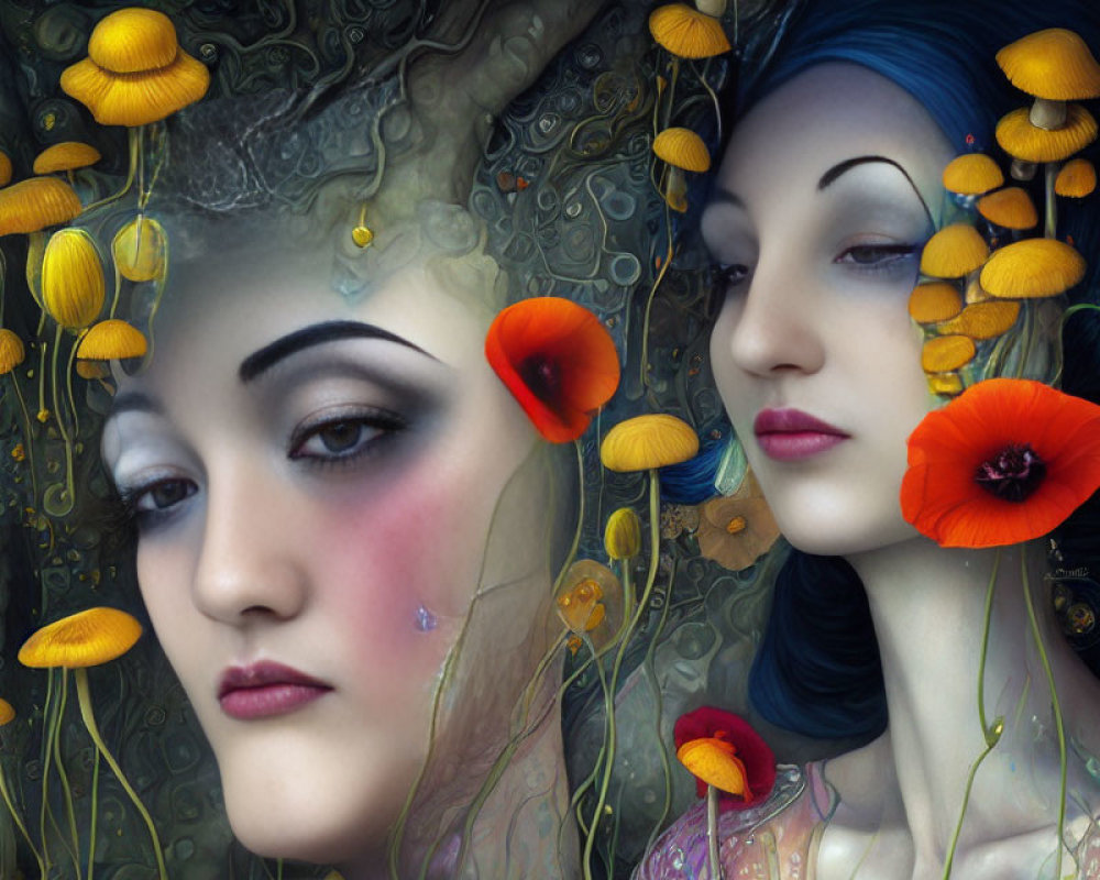 Stylized female faces with vibrant makeup in surreal floral setting