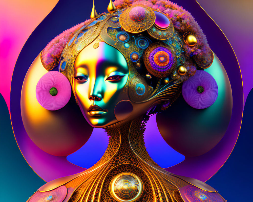 Vibrant surreal digital artwork with humanoid figure and intricate patterns