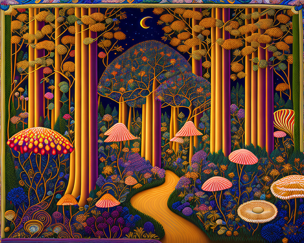 Colorful Golden and Blue Trees in Whimsical Forest Scene