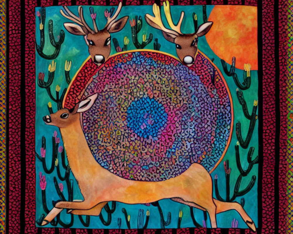 Vibrant deer painting with cacti motifs on blue background