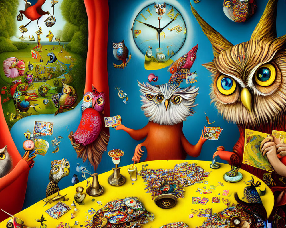 Colorful fantasy illustration: anthropomorphic owls playing cards in whimsical setting