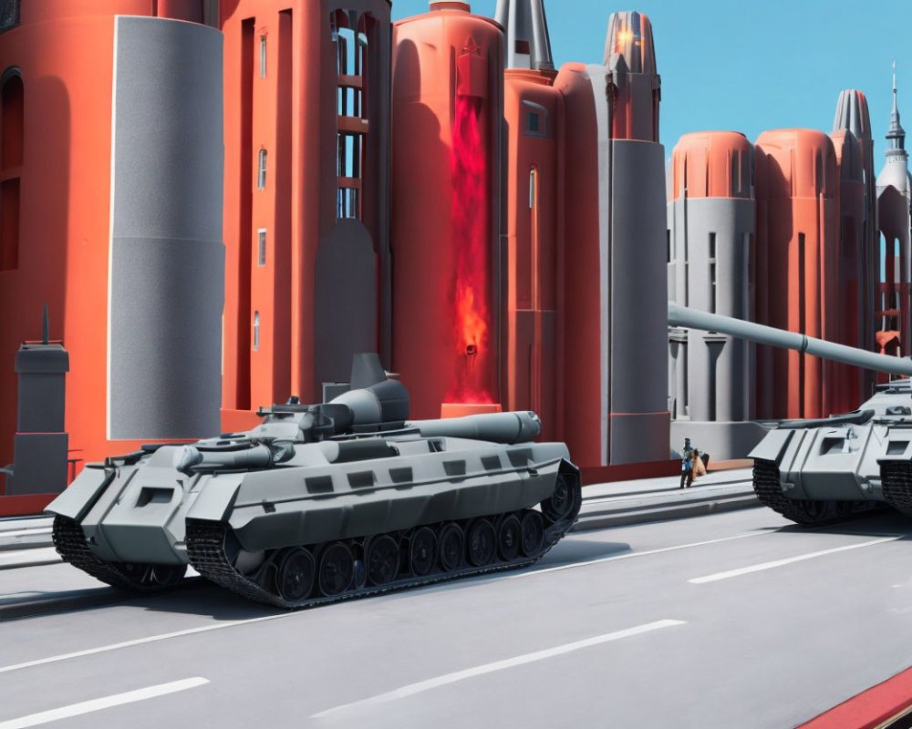 Futuristic tanks in red-and-white city with lava-like flows