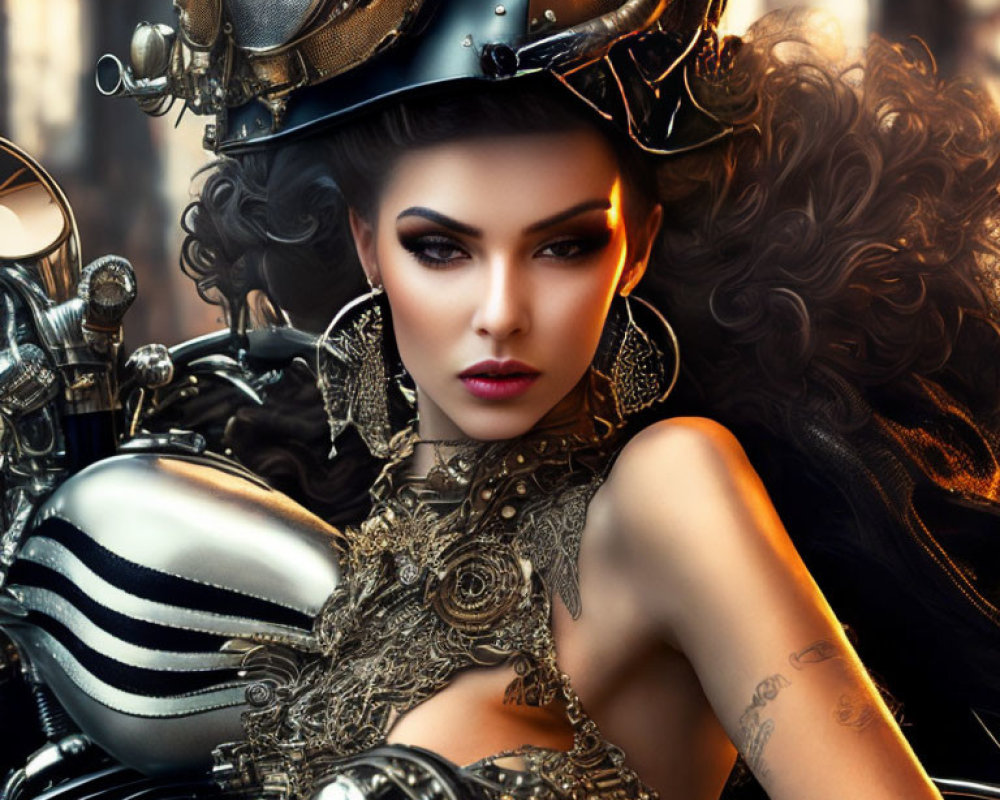 Steampunk woman in metallic corset and helmet on motorcycle.