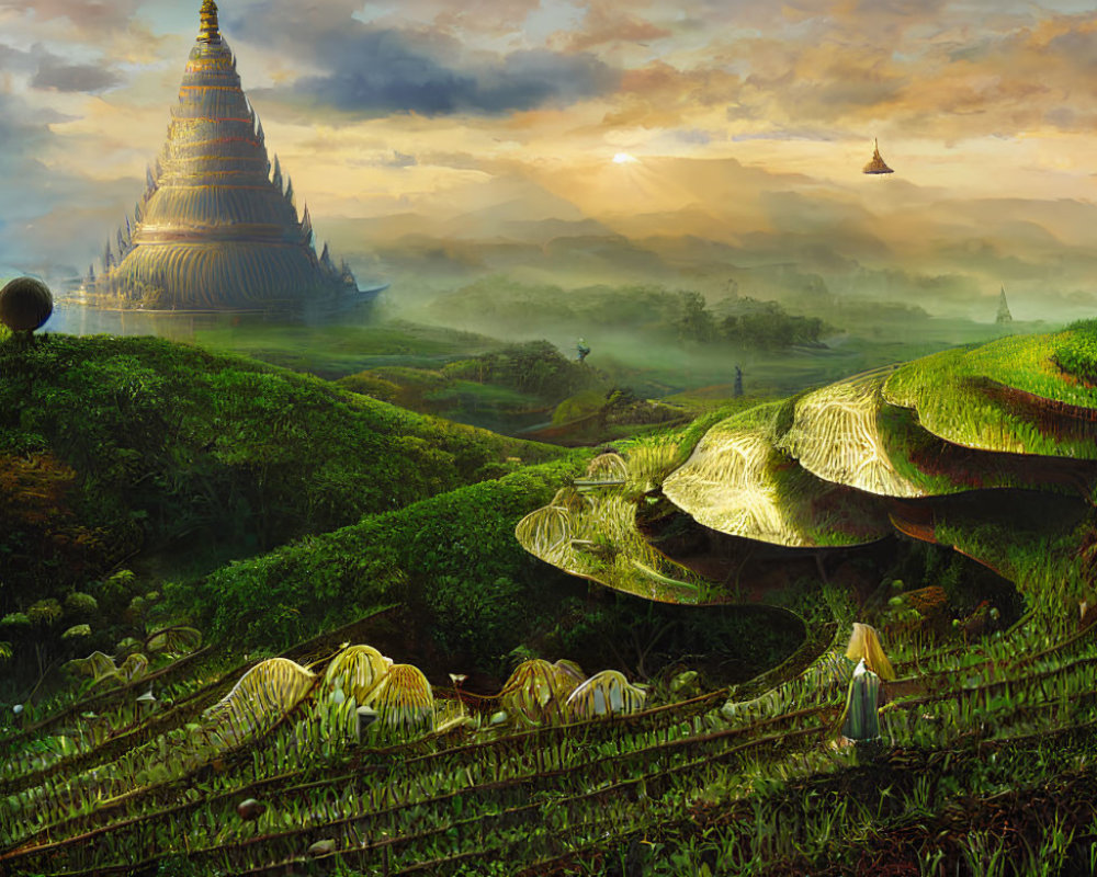 Fantasy landscape: sunset, terraced fields, woman walking, large mushrooms, pagoda-like buildings