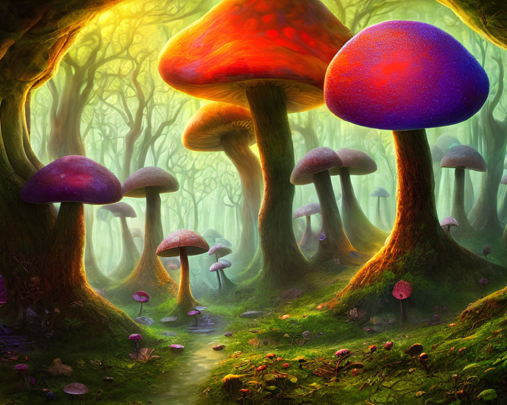 Mystical forest landscape with oversized mushrooms and twisted trees