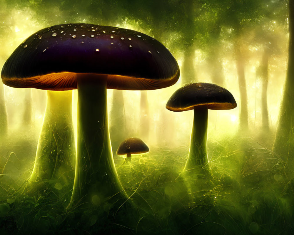 Mystical forest floor with glowing mushrooms & verdant canopy.