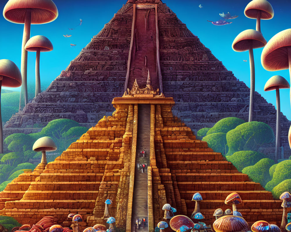 Colorful Mushroom Flanked Pyramid in Fantasy Landscape