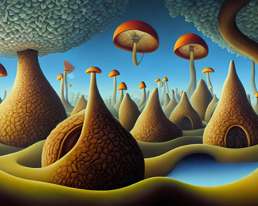 Surreal landscape with mushroom trees and blue sky