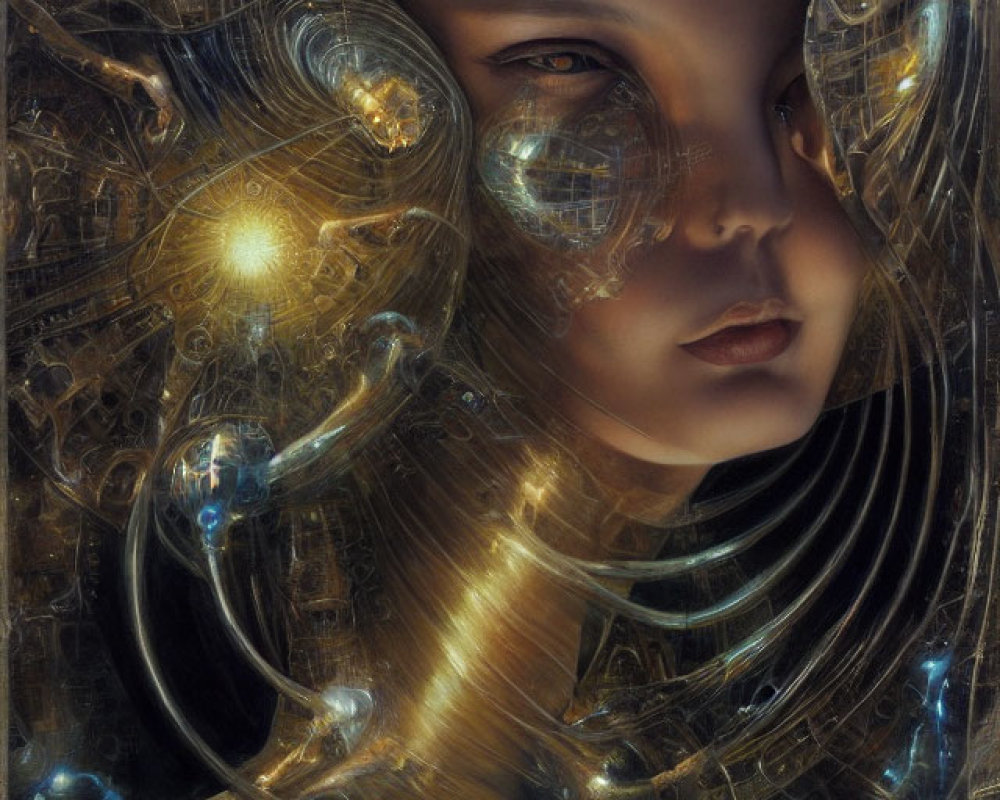 Intricate golden mechanical details on surreal portrait.