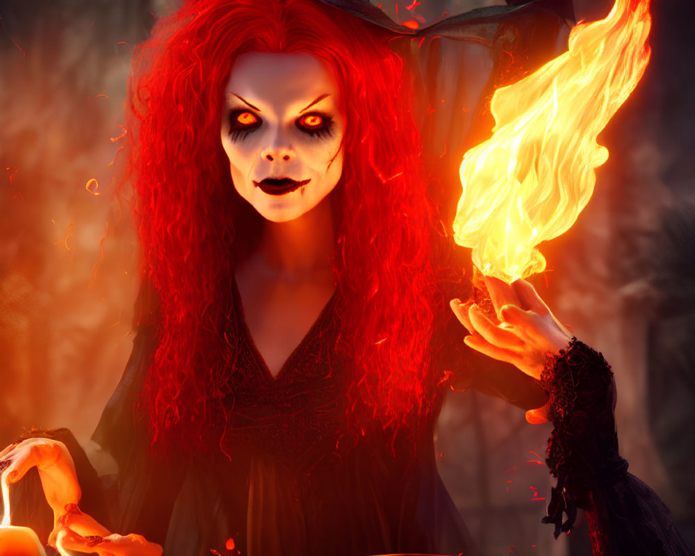 Red-haired witch conjures fire in dark forest under crescent moon