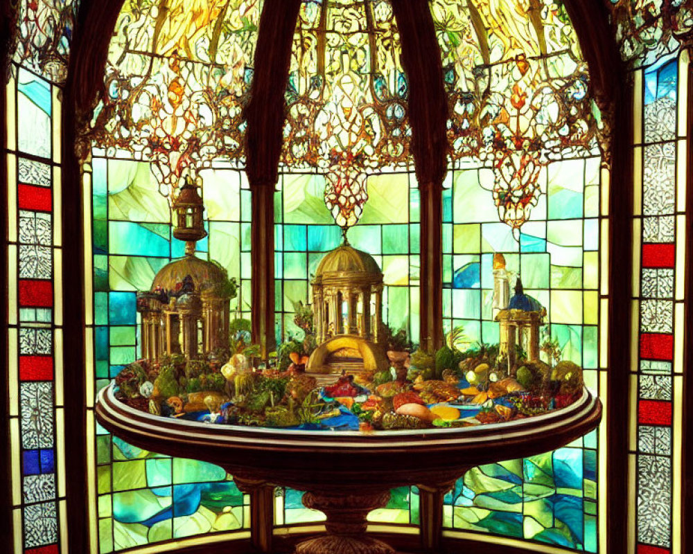 Colorful Stained Glass Window with Nature Motifs and Architectural Elements