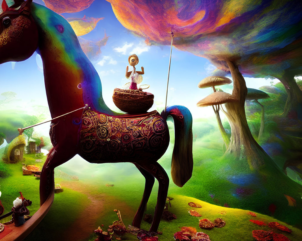 Colorful Landscape with Patterned Horse Statue, Child Playing, and Oversized Mushrooms