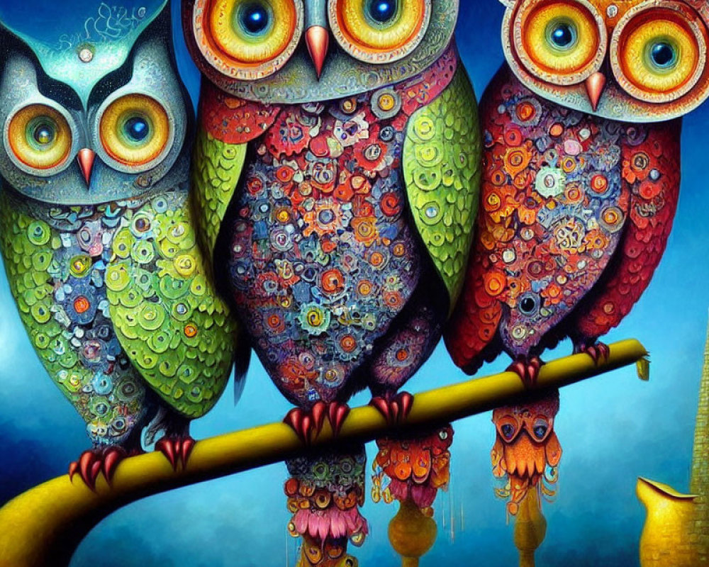 Colorful Stylized Owls Perched on Branch at Night