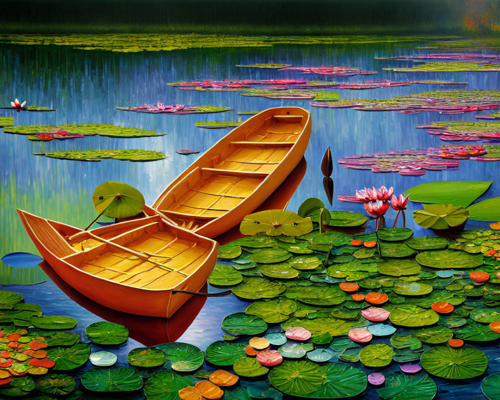 Wooden boats among water lilies on serene lake with tree reflections