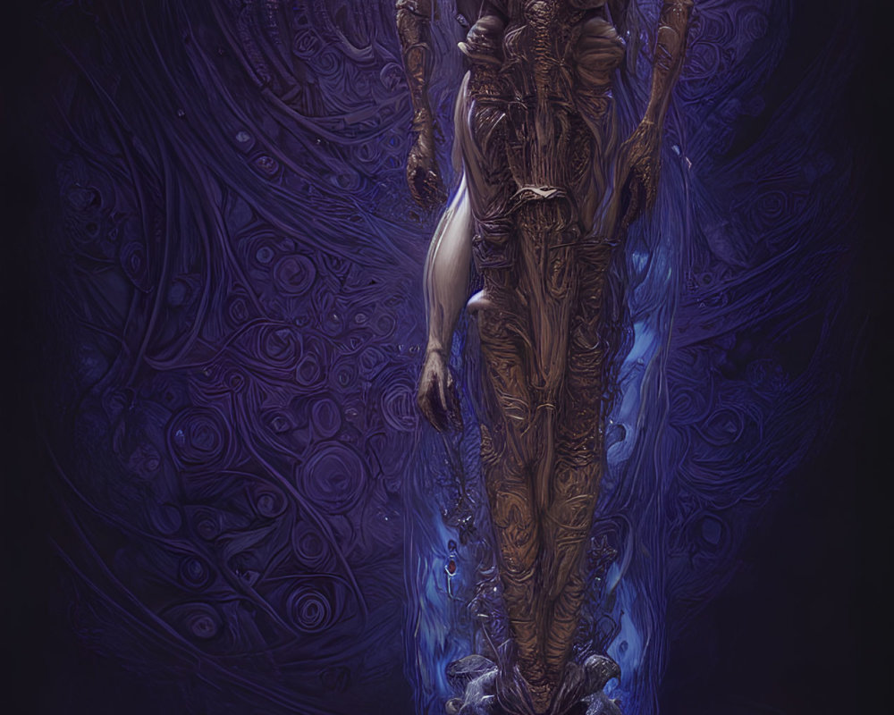 Surreal humanoid figure in swirling dark blue ambiance