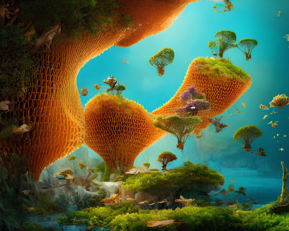 Underwater fantasy scene with honeycomb structures and floating islands