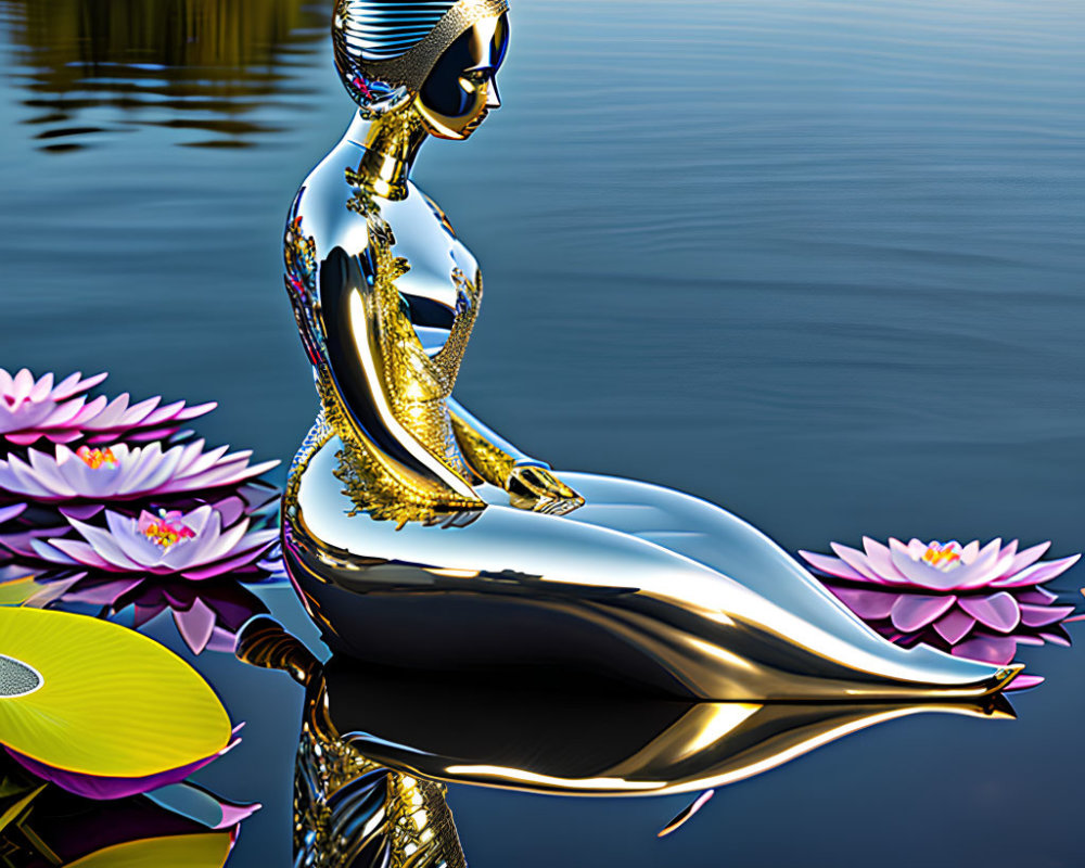 Metallic female figure with golden details near water and lotus flowers in 3D illustration