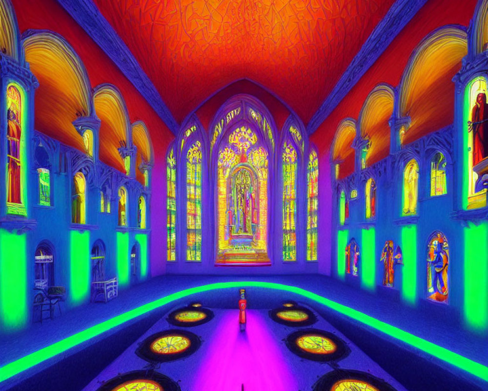 Gothic cathedral interior with vibrant colors and neon lighting