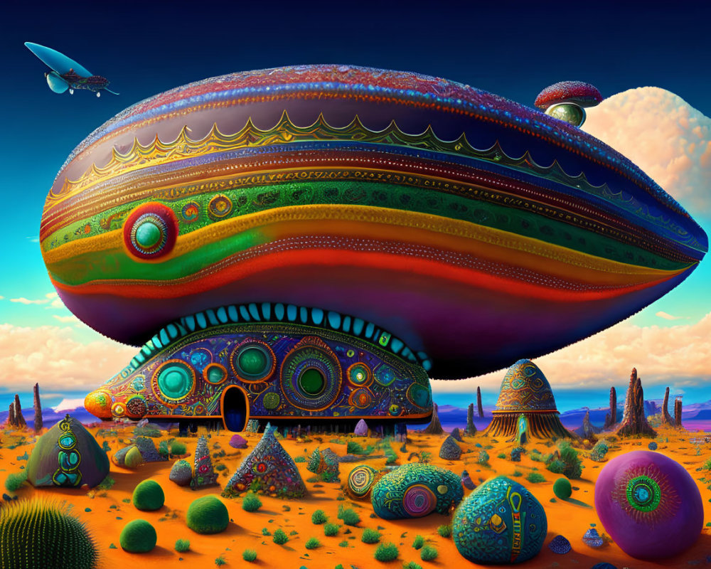 Colorful surreal landscape with UFO-like structures, cacti, and plane in blue sky