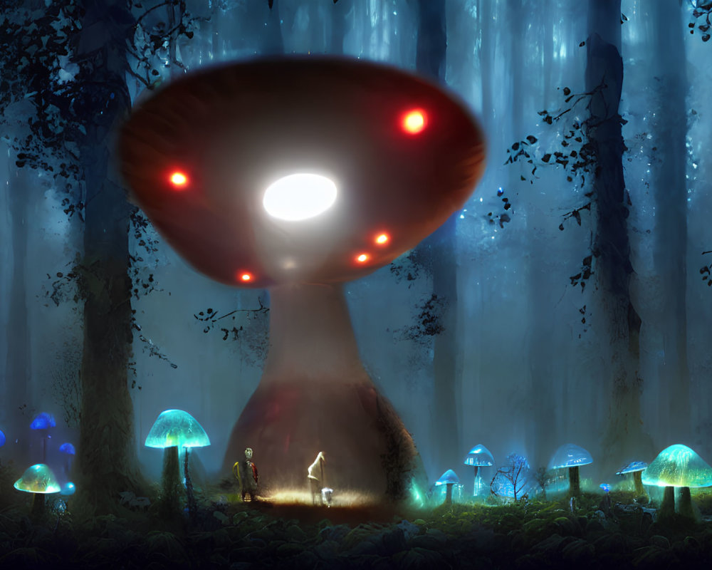 Person surrounded by glowing mushrooms gazes at red-lit UFO in misty forest