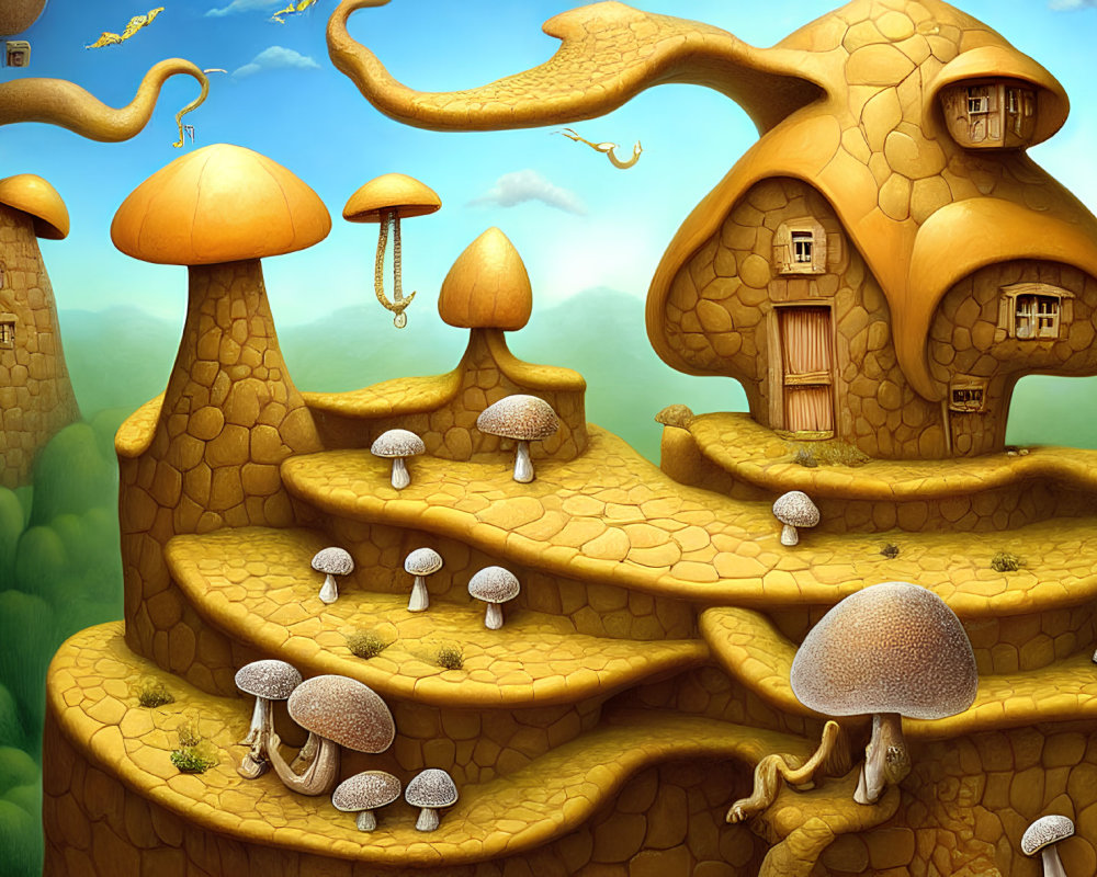 Vibrant landscape with mushroom-shaped houses on rolling hill