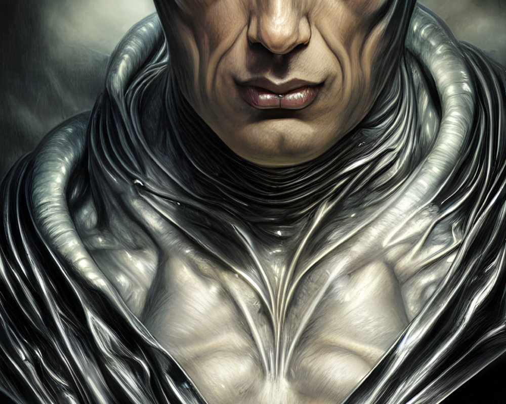 Bald-headed figure in futuristic silver armor suit