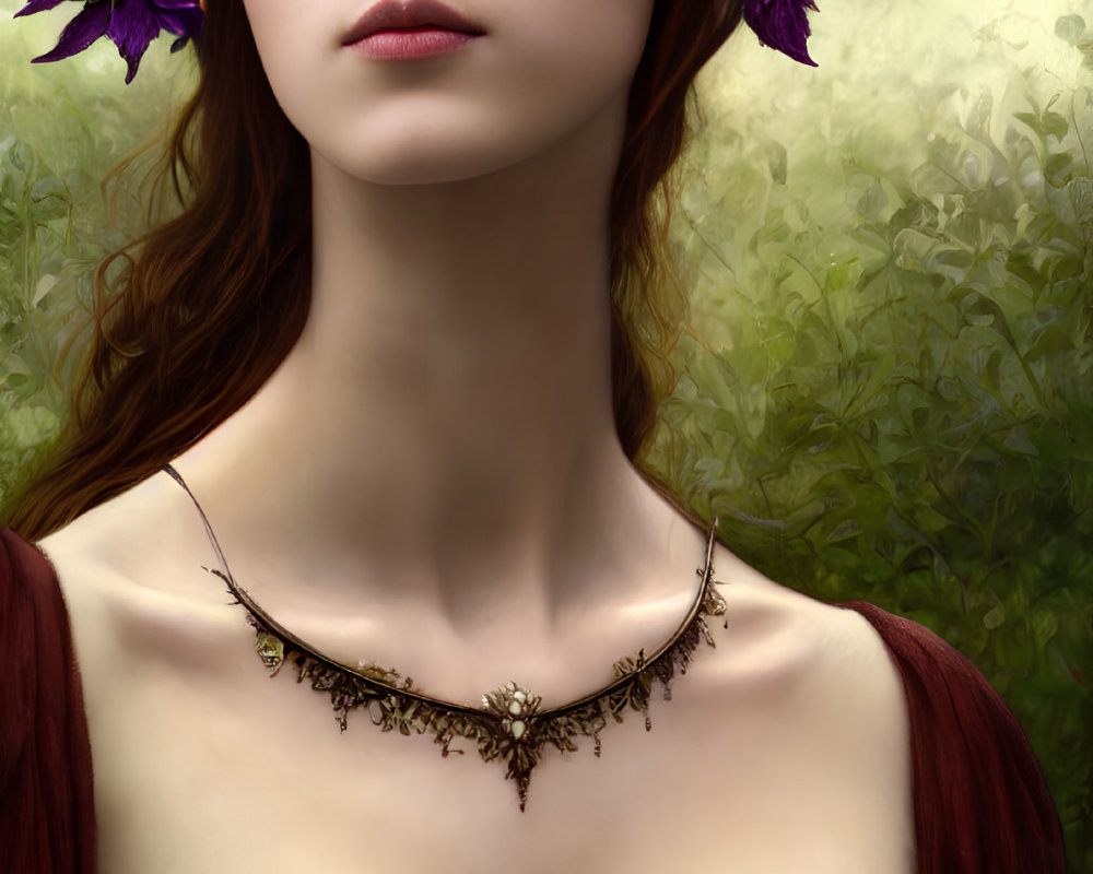 Woman portrait with floral crown and pendant, serene gaze, green nature background