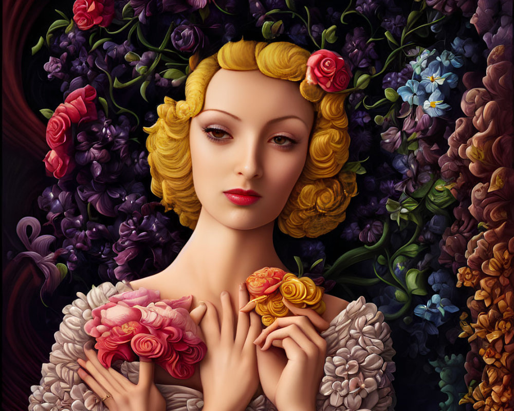 Stylized portrait of woman with golden curls and floral hair accessories in dark, floral setting