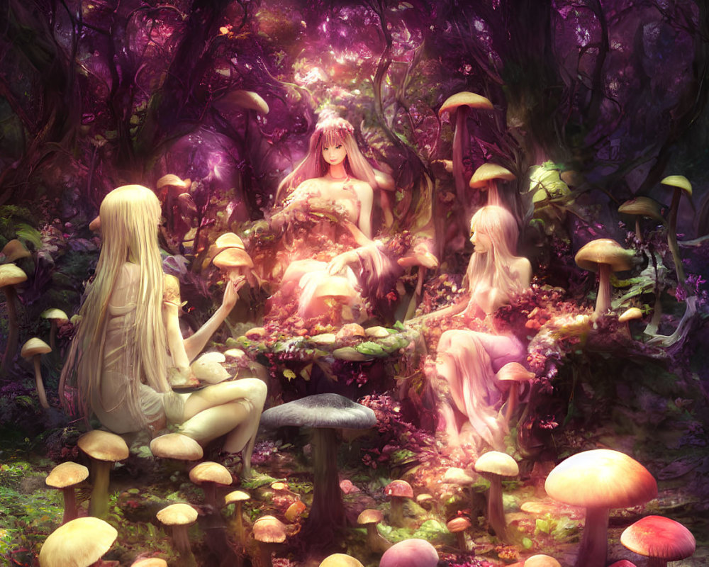 Ethereal figures in enchanted forest with glowing mushrooms