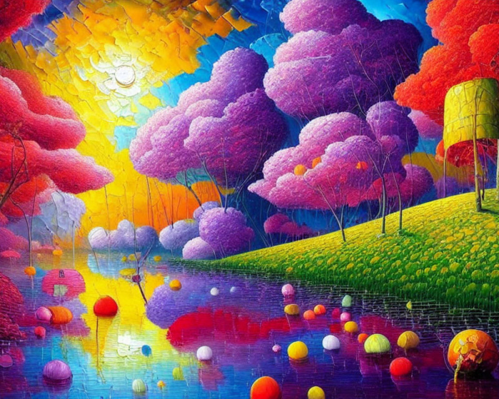 Colorful landscape painting with surreal purple-pink trees, reflective lake, and whimsical sun