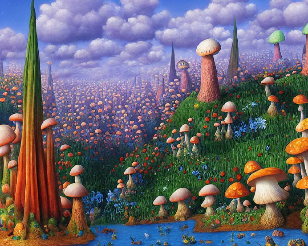 Colorful Mushroom-Filled Fantasy Landscape under Fluffy Clouds