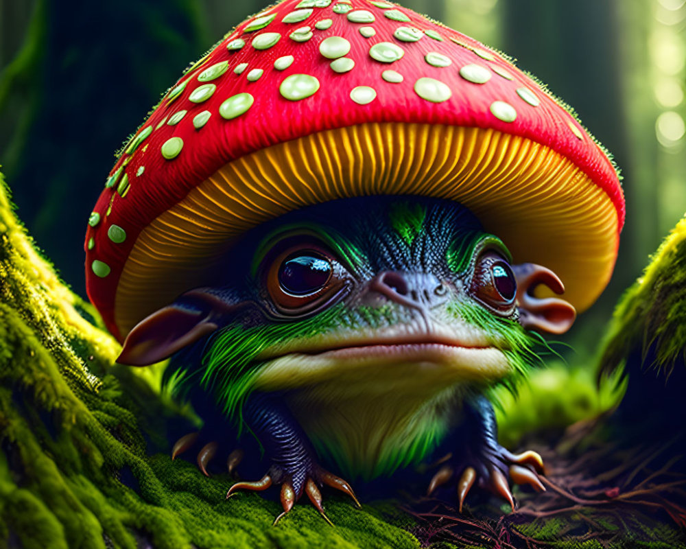 Whimsical frog-like creature with mushroom cap in lush forest landscape