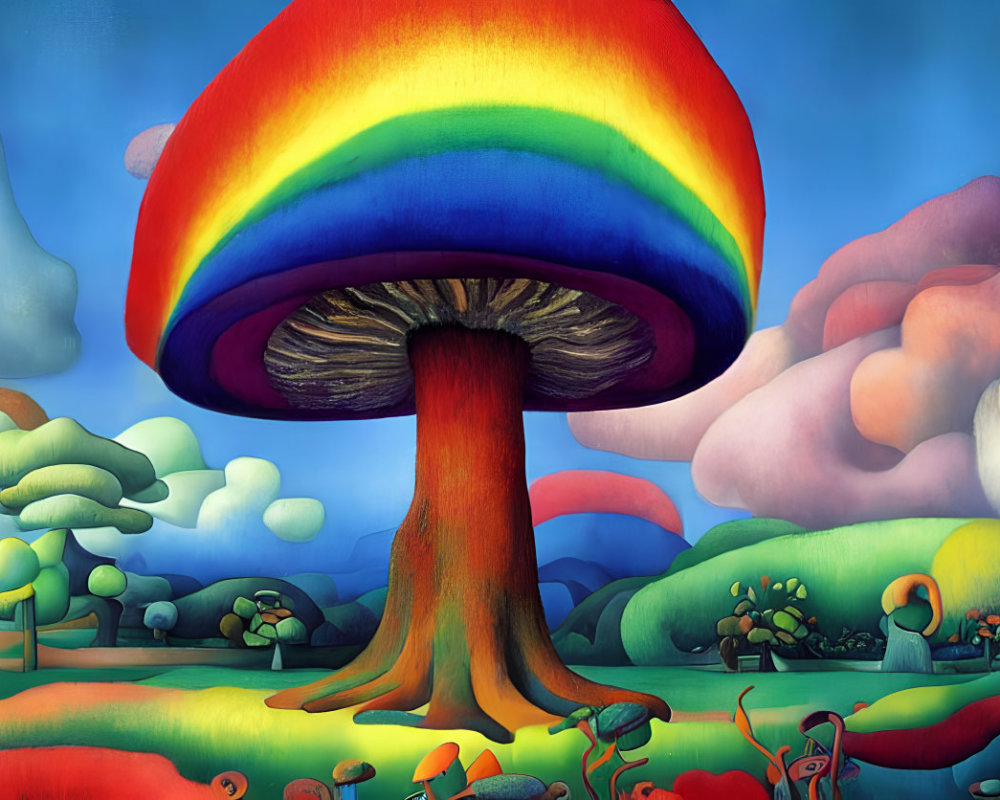 Colorful fantasy landscape with giant rainbow mushroom and whimsical trees