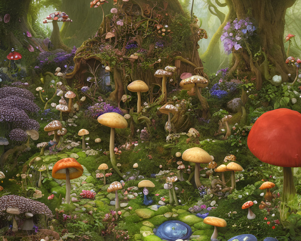 Colorful Mushroom Forest with Whimsical Tree Houses