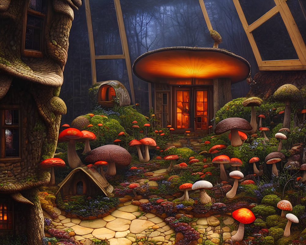 Enchanting forest scene with cozy cottage, oversized mushrooms, lush greenery